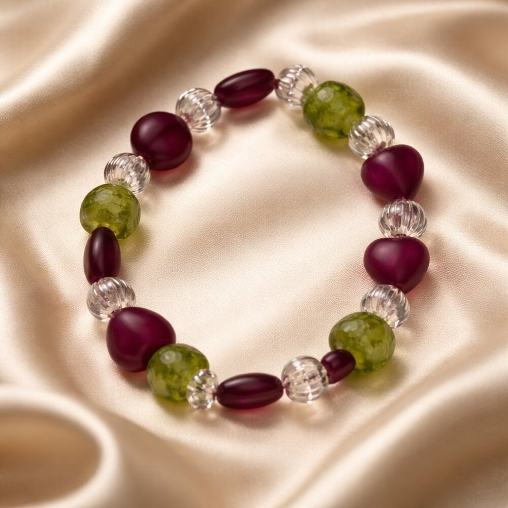 Magenta and Lime Glass Beads with Silver Spacers Stretch‎ Bracelet